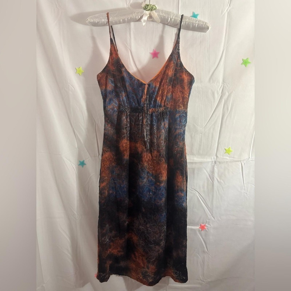 Y2K Orange Blue Fairy Grunge Tie-Dye Lace Whimsigoth Midi Dress in‎ Size S/M